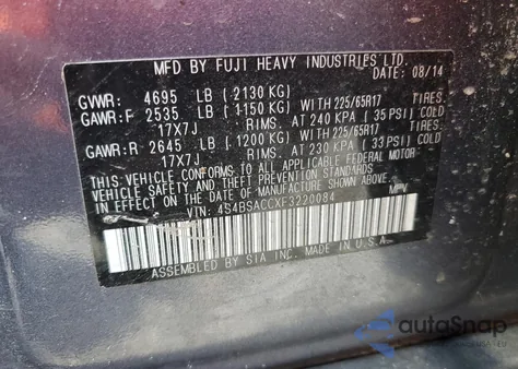 2015 Subaru Outback 2.5I Premium из США, поврежденный, VIN 4S4BSACCXF3220084